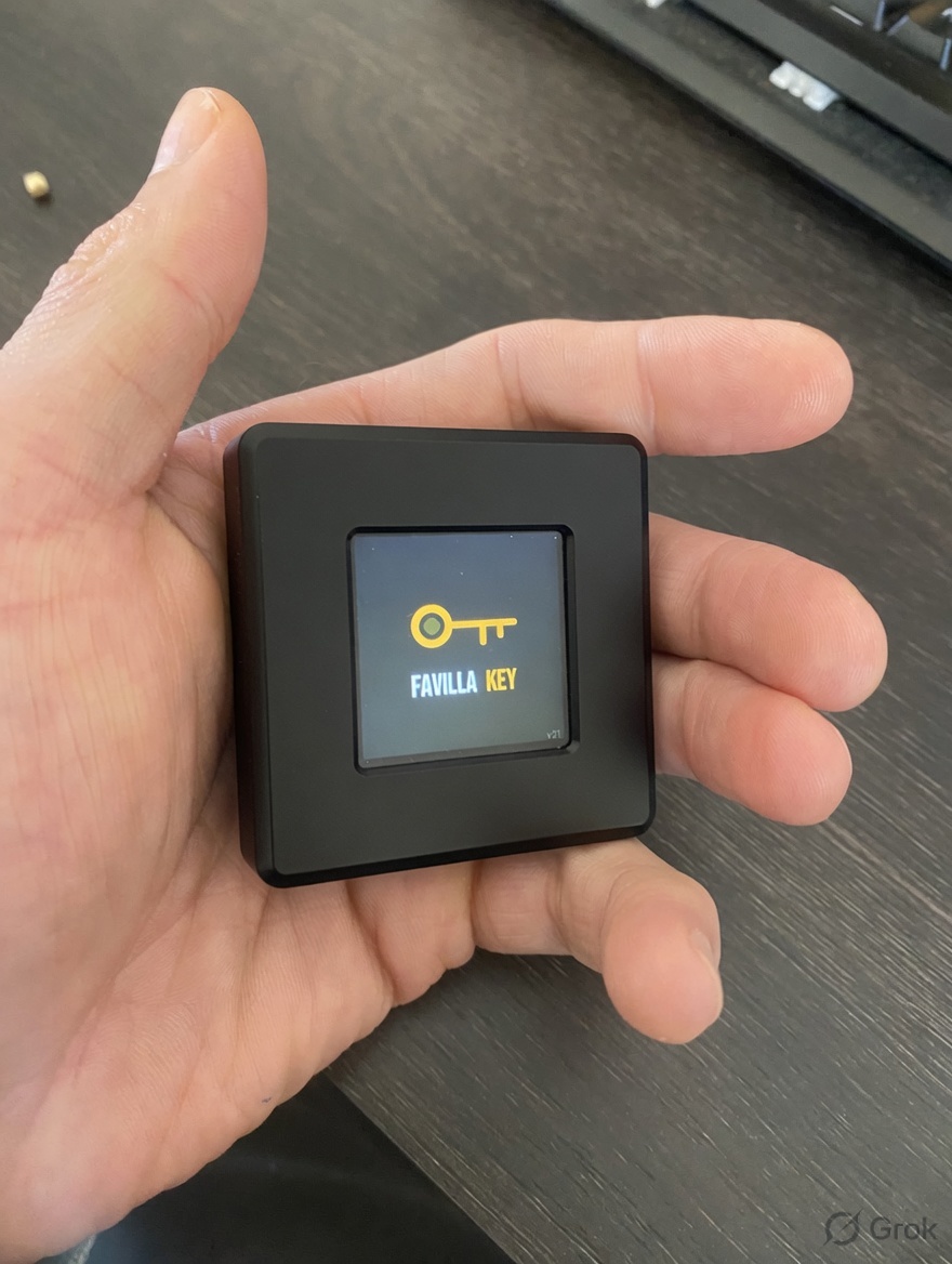 Favilla KEY held in hand, powered on, showing the gold key logo on its display