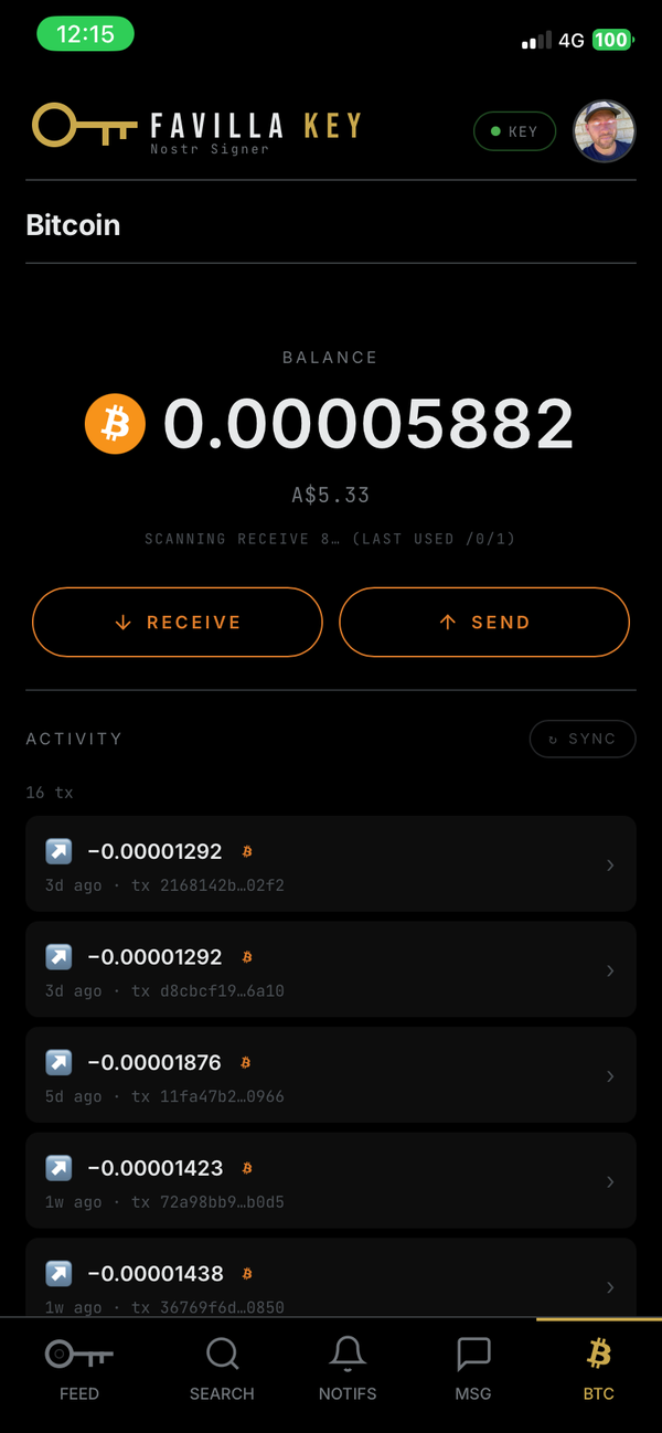 KEY client Bitcoin wallet showing balance, AUD conversion, and recent on-chain activity