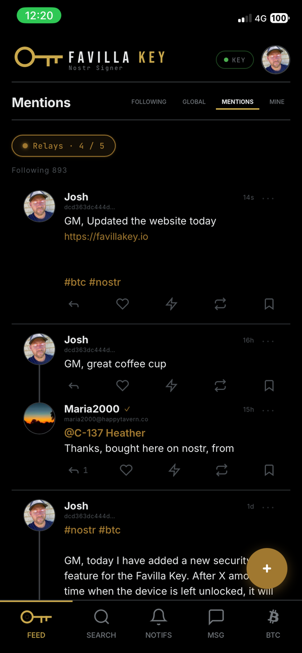 KEY client mentions feed showing recent posts and zap activity